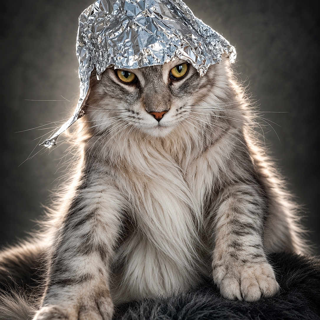 Alya a rejoint le concours — aidez-le/la à gagner de superbes lots ! cat, fluffy_cat, long_hair, tabby, pet, animal, portrait, sitting, front_view, green_eyes, whiskers, paws, fur, foil_hat, helmet, funny, dramatic_lighting, studio_portrait, dark_background, blanket