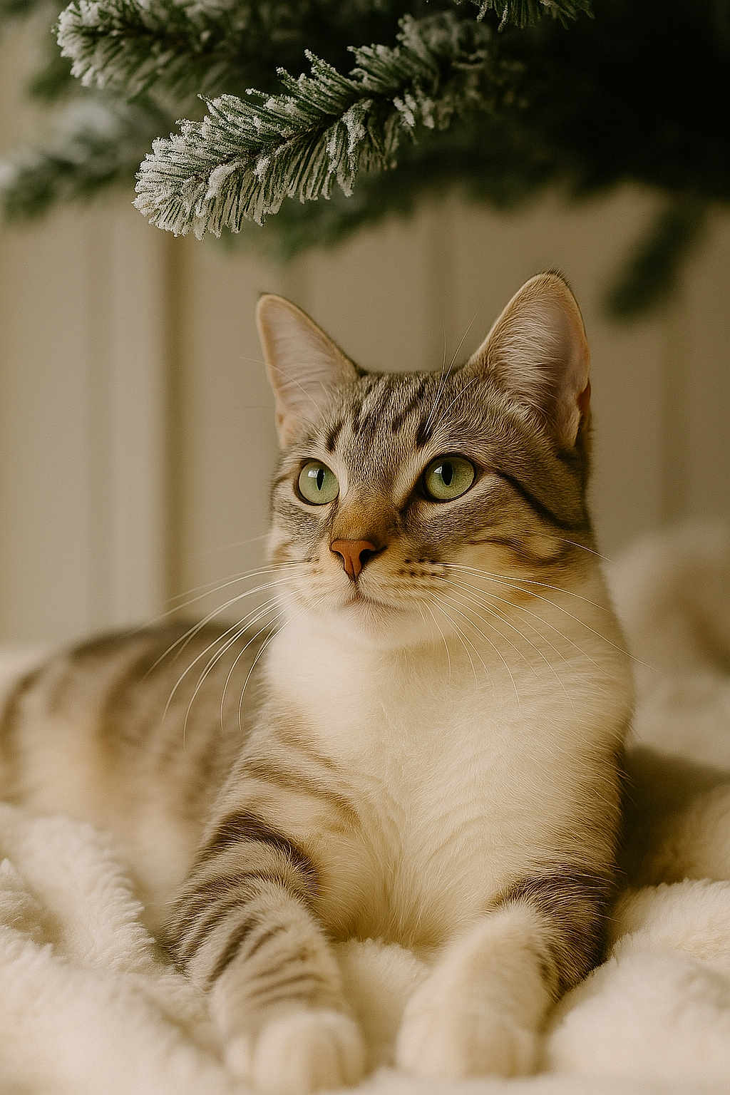 Lio participe au concours pour gagner de l'argent avec cette photo : cat, tabby, pet, feline, green_eyes, whiskers, fur, cozy, blanket, paws, portrait, close_up, indoor, soft_texture, pine_branch, frosted, holiday_vibe, shallow_depth_of_field, relaxed, mammal