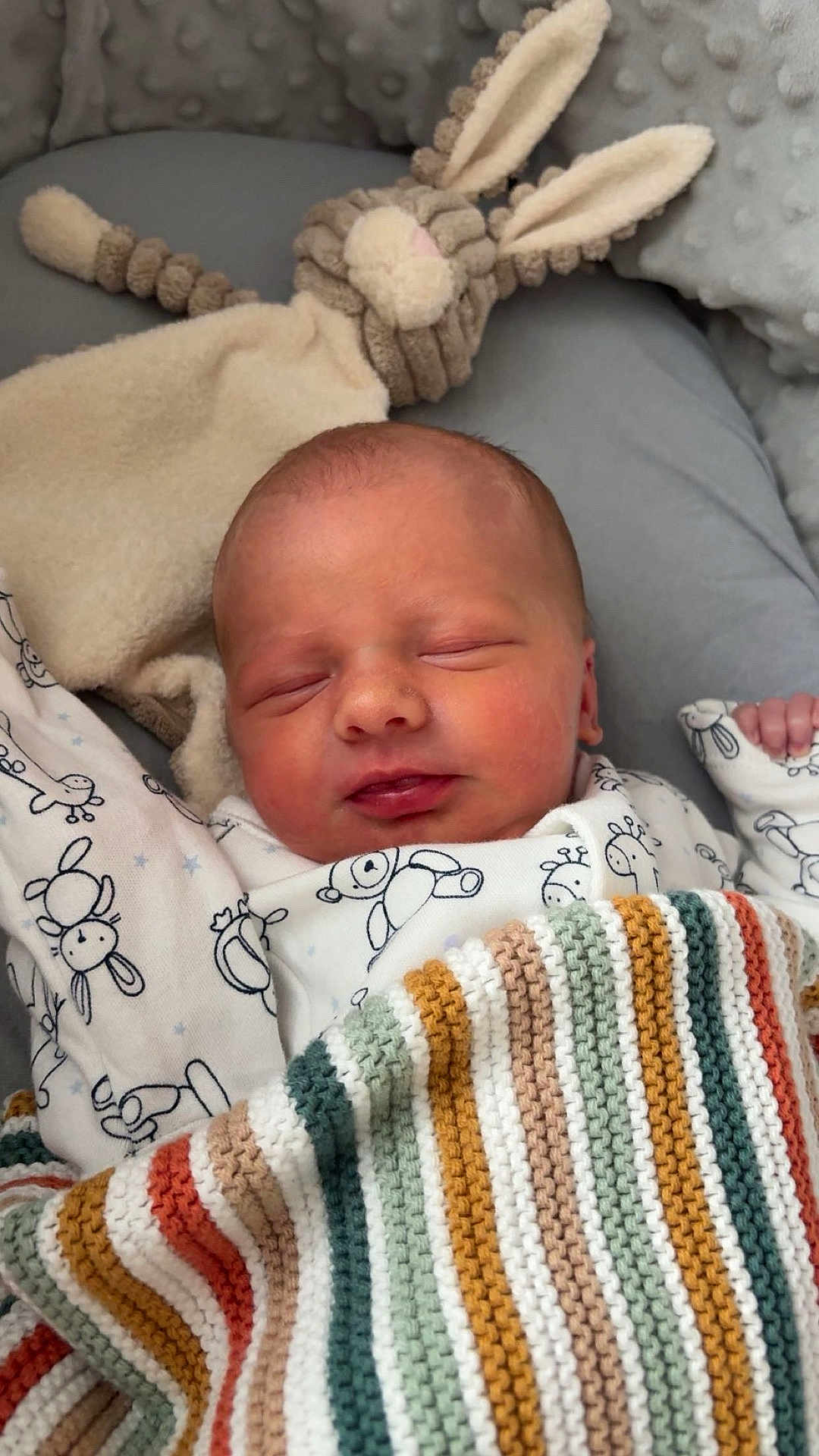 Freddie joined the competition — help win amazing prizes! baby, bed, blanket, bunny, child, closeup, cozy, cute, fabric, indoors, infant, knit_blanket, newborn, patterned_clothing, peaceful, plush_toy, portrait, resting, sleeping, soft_toy