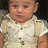 baby, infant, child, portrait, car_seat, suspenders, shirt, striped_clothing, sitting, face, eyes, serious_expression, close_up, indoors, vehicle, harness, fashion, cute, photography, head