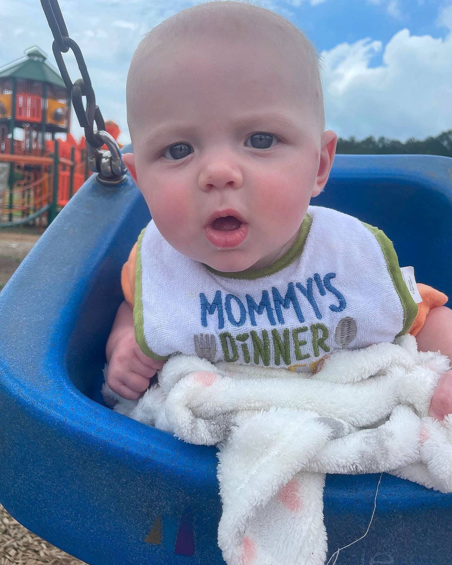 Dawson is registered to the contest to win money with this photo: baby, baby_products, baby_toddler_clothing, blue, cheek, child, cloud, electric_blue, eye, face, facial_expression, fun, glove, grass, happy, leisure, person, product, skin, sky