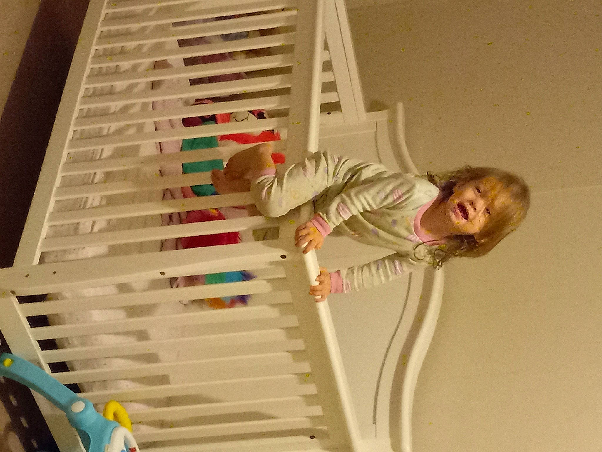 Averi is registered to the contest to win money with this photo: baby, baby_products, building, ceiling, child, cleanliness, comfort, door, elbow, flooring, handrail, hardwood, house, person, room, smile, stairs, t_shirt, toddler, window