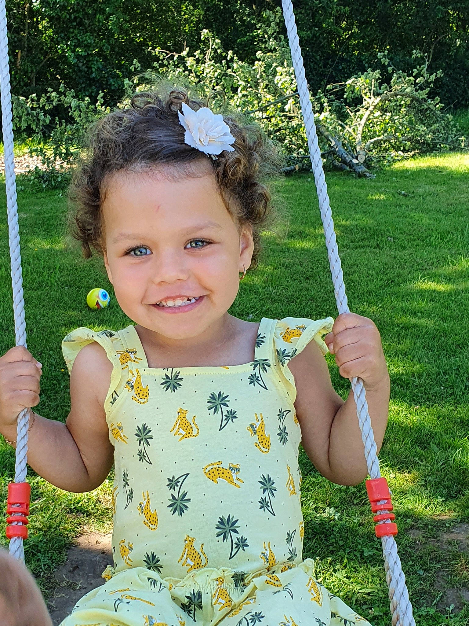 Helya participe au concours pour gagner de l'argent avec cette photo : child, grass, joy, outdoor_play_equipment, person, play, smile, summer, swing, toddler, vacation