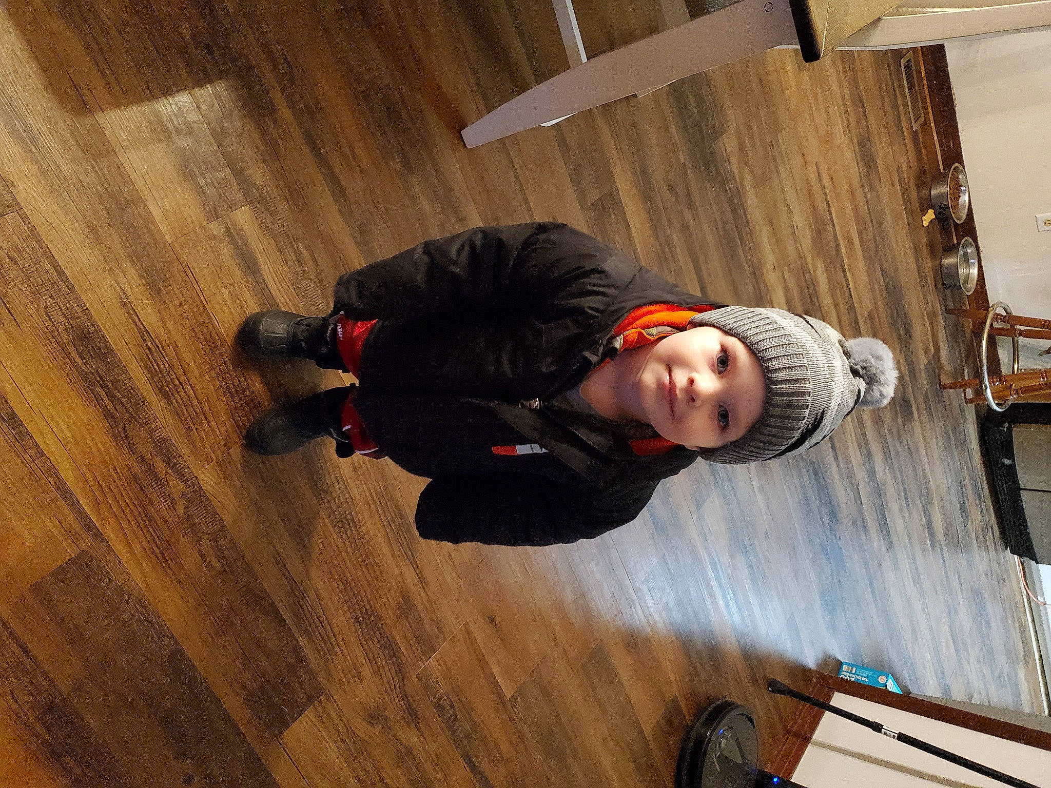 Sterling is registered to the contest to win money with this photo: child, comfort, floor, flooring, fun, hardwood, headwear, jacket, joy, laminate_flooring, outdoor_shoe, pattern, person, plank, plywood, room, smile, tire, toddler, varnish