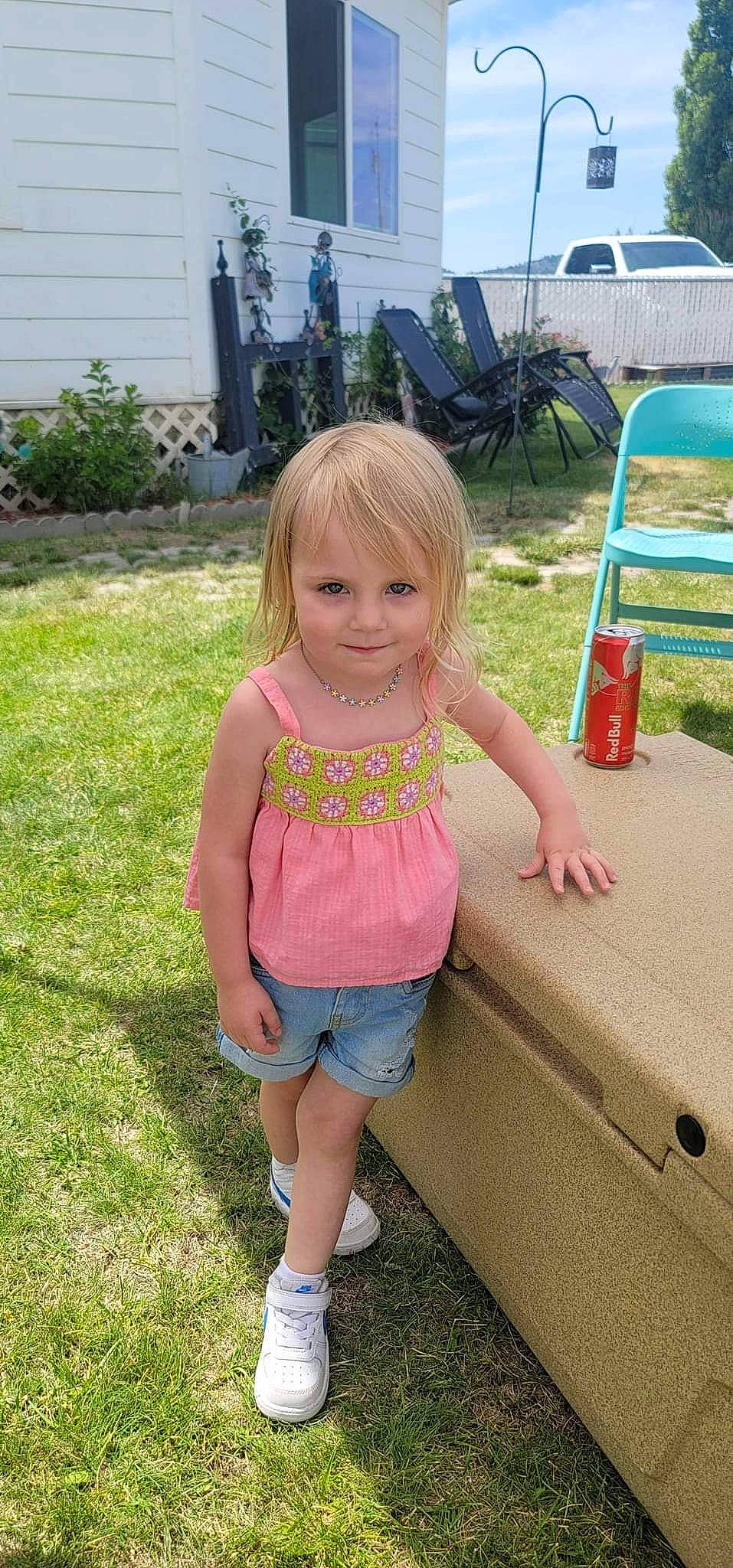 Paislee joined the competition — help win amazing prizes! baby_toddler_clothing, blond, chair, child, clothing, fun, grass, human_leg, joy, leisure, magenta, person, pink, plant, recreation, shorts, sleeve, smile, t_shirt, thigh