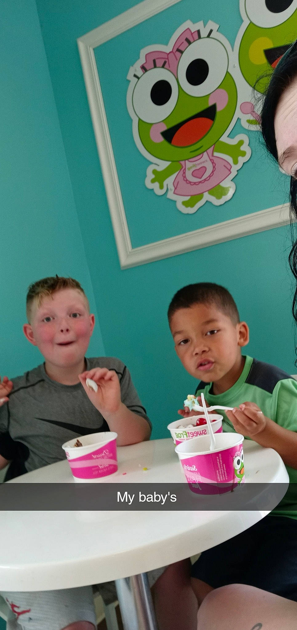 Jalen joined the competition — help win amazing prizes! baby, birthday, cake_decorating, child, drinkware, event, facial_expression, fun, green, happy, icing, leisure, person, pink, sharing, snapshot, sweetness, t_shirt, table, tableware