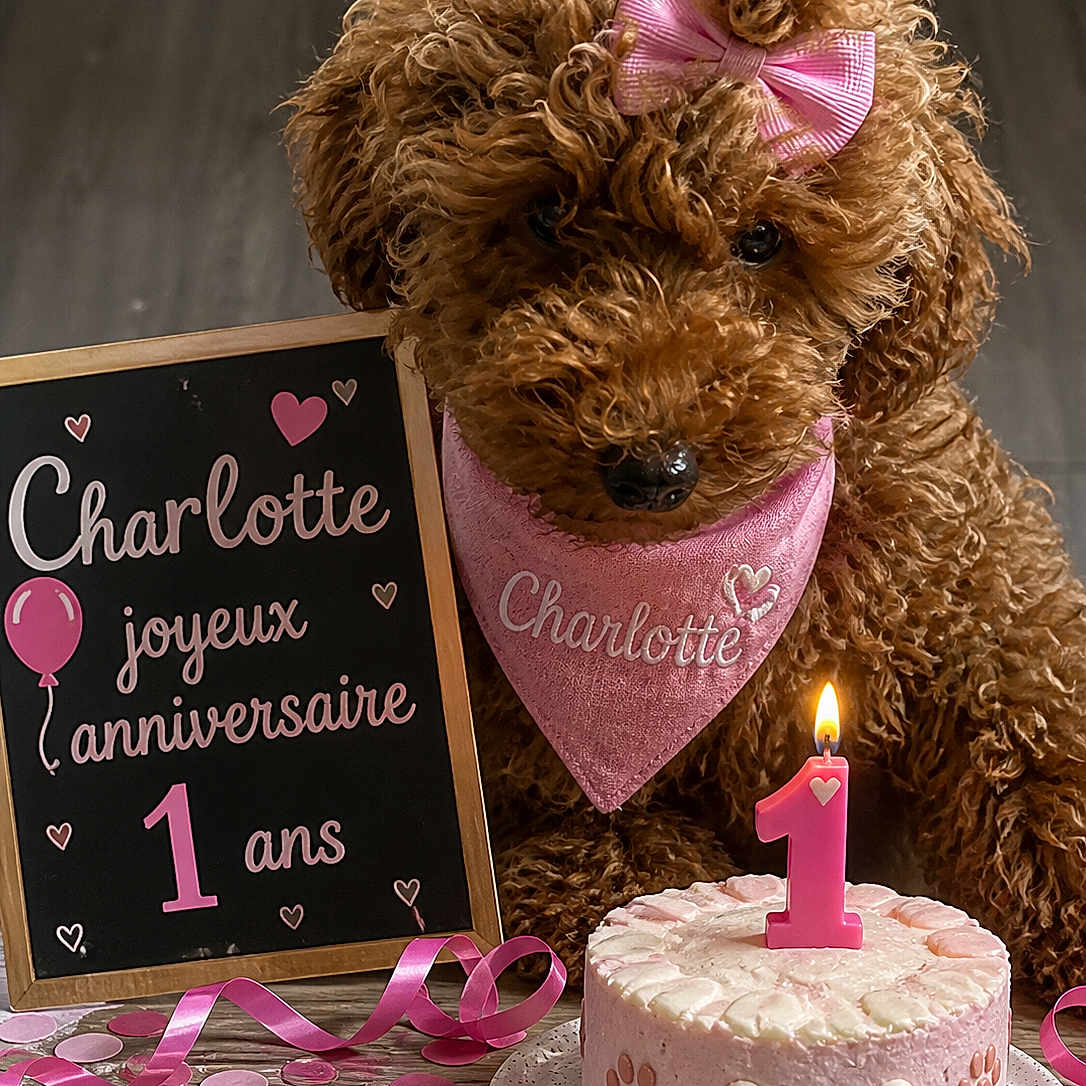 Charlotte a rejoint le concours — aidez-le/la à gagner de superbes lots ! dog, puppy, birthday, cake, candle, pink, bow, bandana, curly_fur, brown_fur, toy_poodle, celebration, confetti, ribbon, party, portrait, indoor, table, sign, french_text