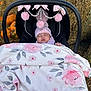 baby, blanket, stroller, hat, pink, pom_poms, bows, sleeping, face, autumn, hay, pumpkins, outdoor, child, cute, cozy, floral, soft, person, portrait