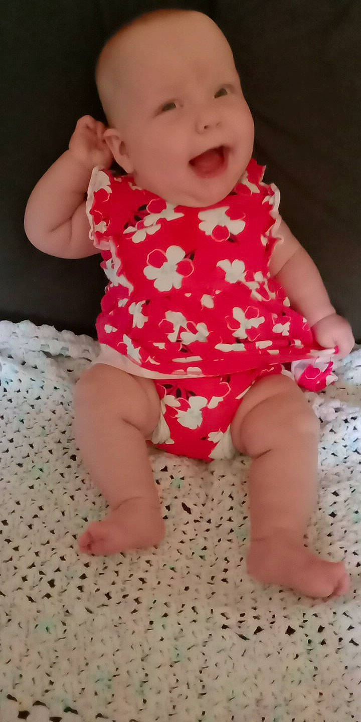 Isabella joined the competition — help win amazing prizes! baby, baby_toddler_clothing, cheek, collar, eye, finger, hand, happy, human_body, iris, leg, mouth, neck, nose, person, pink, skin, sleeve, thigh, toddler