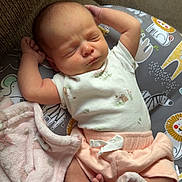 Kenidy joined the competition — help win amazing prizes! baby, newborn, sleeping, blanket, cushion, infant, clothing, cute, peaceful, indoors, soft_texture, pink, pattern, animal_print, resting, portrait, skin, foot, hand, face