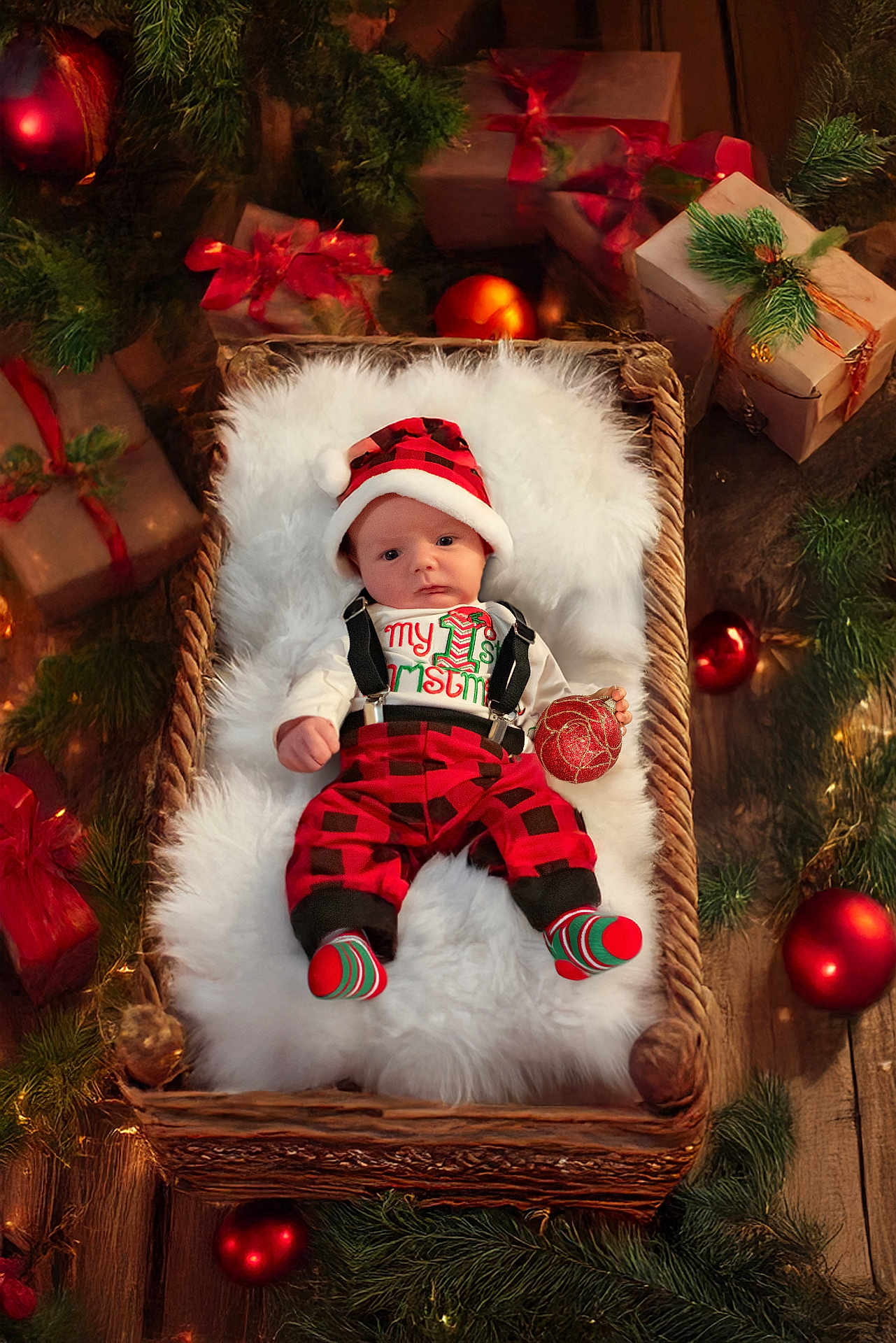 Kyler is registered to the contest to win money with this photo: baby, basket, christmas, holiday, ornament, gift, hat, plaid, red, green, white, wooden_floor, decorations, cozy, cute, festive, infant, socks, suspenders, fur_blanket