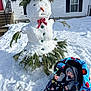 Rowan is registered to the contest to win money with this photo: baby, snow, snowman, car_seat, blanket, hat, pine_branches, carrot_nose, bow_tie, suburban_house, window, door, stairs, outdoor, winter, cold, sleeping, pacifier, child, snowy_ground