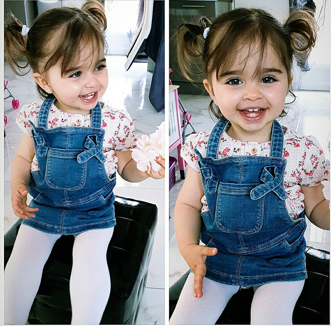 Lya a rejoint le concours — aidez-le/la à gagner de superbes lots ! baby_toddler_clothing, belt, button, child, child_model, denim, ear, embellishment, eye, eyelash, happy, iris, joy, makeover, mouth, overall, pattern, person, pocket, sleeve