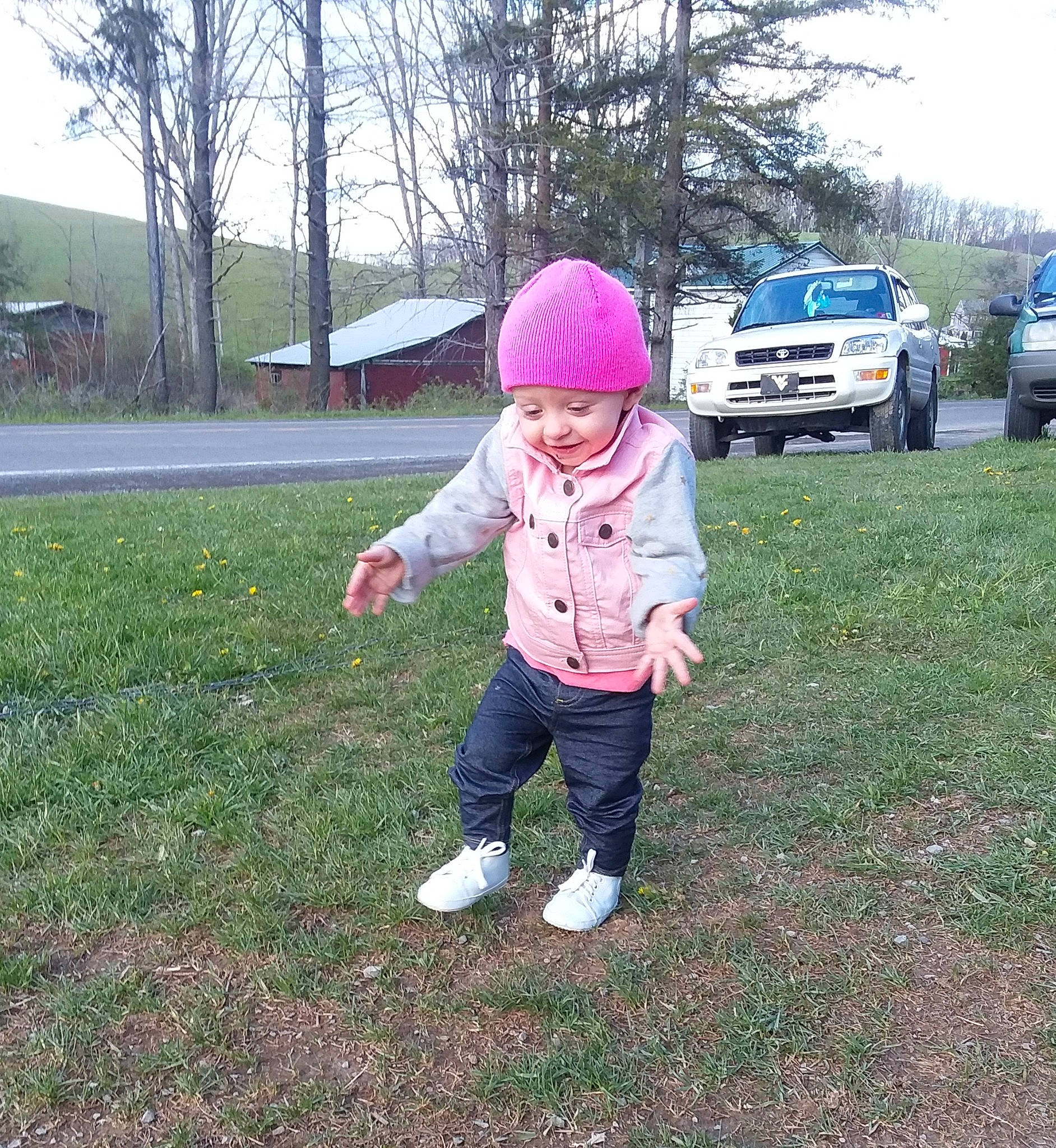 Braeley Rose joined the competition — help win amazing prizes! car, child, grass, headwear, lawn, person, plant, play, recreation, soil, toddler, tree, vacation, vehicle, walking