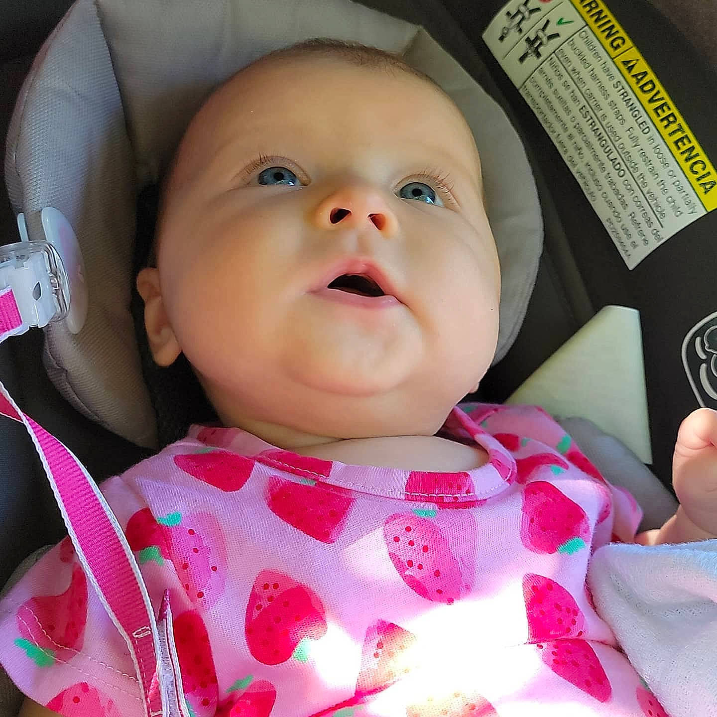 Leah is registered to the contest to win money with this photo: baby, baby_toddler_clothing, cheek, chin, eye, eyebrow, eyelash, face, facial_expression, hairstyle, head, iris, lip, mouth, nose, organ, person, pink, skin, textile