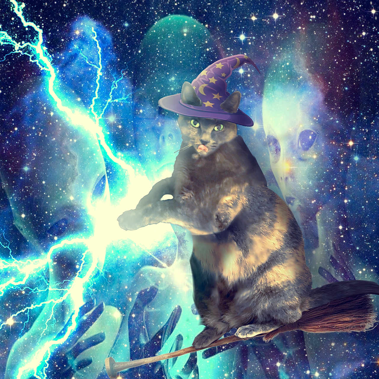 Nachos joined the competition — help win amazing prizes! cat, wizard_hat, broomstick, space, stars, lightning, aliens, ghostly_faces, magic, cosmic, fantasy, animal, mystical, paws, fur, night_sky, outer_space, surreal, glowing, fantastical