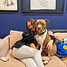 woman, dog, couch, indoor, smiling, hugging, pet, casual_clothing, framed_art, blue_wall, phone, seated, happy, relaxed, collar, living_room, furniture, portrait, comfort, friendship