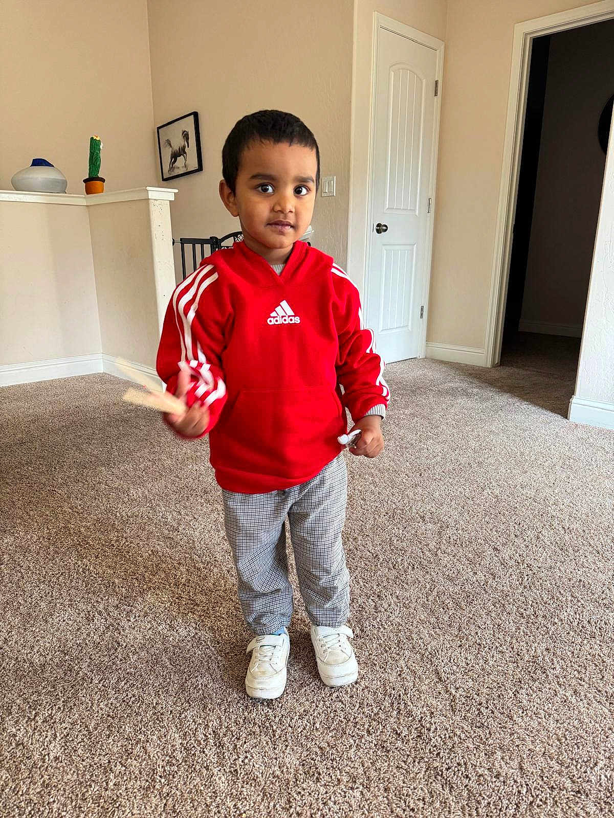 Harvey Sidhu is registered to the contest to win money with this photo: child, indoor, carpet, red_hoodie, adidas, pants, white_shoes, person, standing, chopsticks, home_interior, door, wall_art, curious, young, casual_clothing, smiling, floor, boy, portrait
