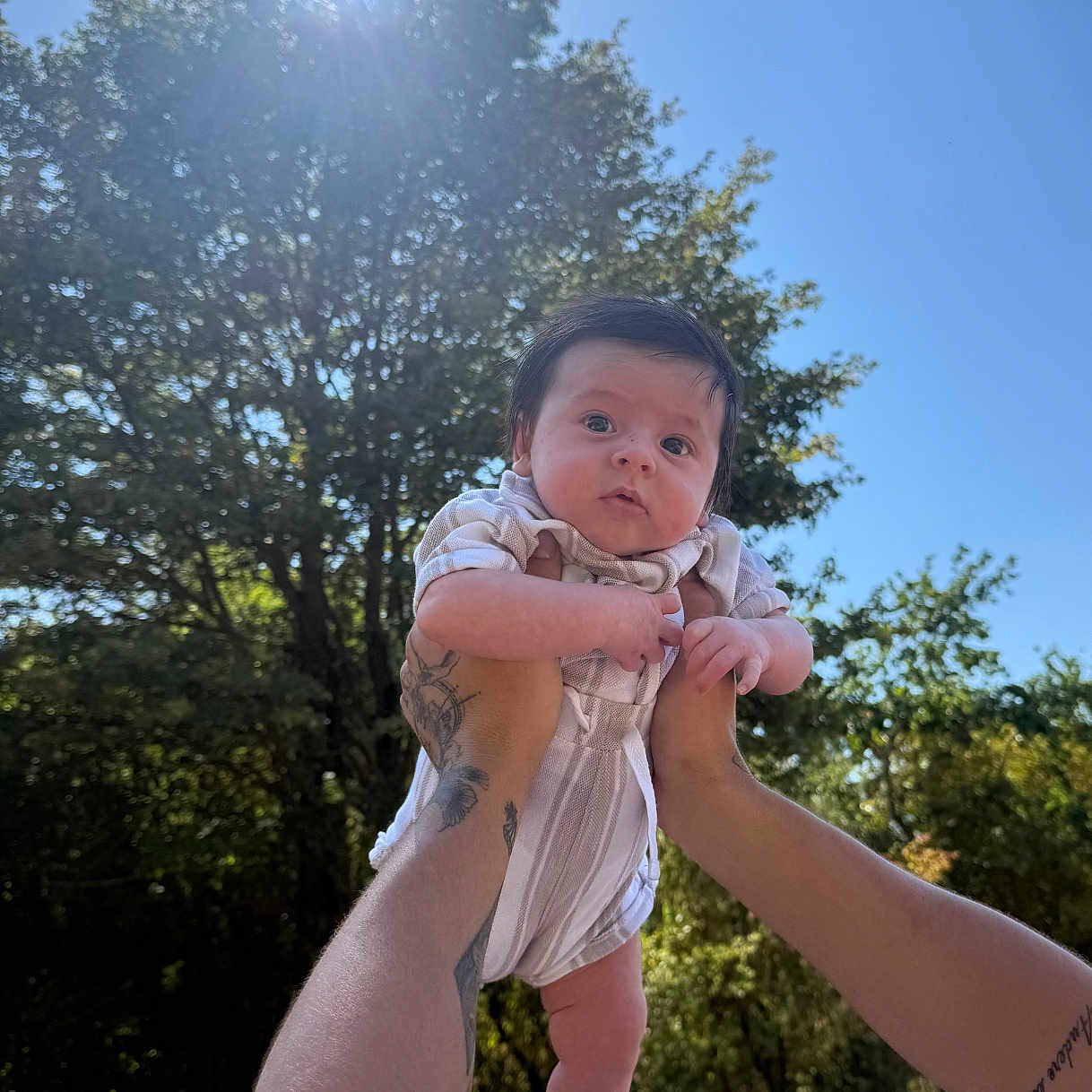 Atley is registered to the contest to win money with this photo: arms, baby, background, casual, child, cute, daylight, holding, infant, nature, outdoor, people, person, portrait, sky, summer, sunlight, tattoos, tree, young