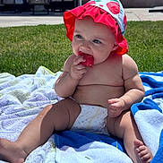 Scarlet joined the competition — help win amazing prizes! baby, child, towel, grass, sunhat, watermelon, summer, outdoor, diaper, sitting, food, fruit, cute, sunshine, skin, barefoot, nature, relaxing, playful, happy