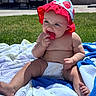 baby, child, towel, grass, sunhat, watermelon, summer, outdoor, diaper, sitting, food, fruit, cute, sunshine, skin, barefoot, nature, relaxing, playful, happy