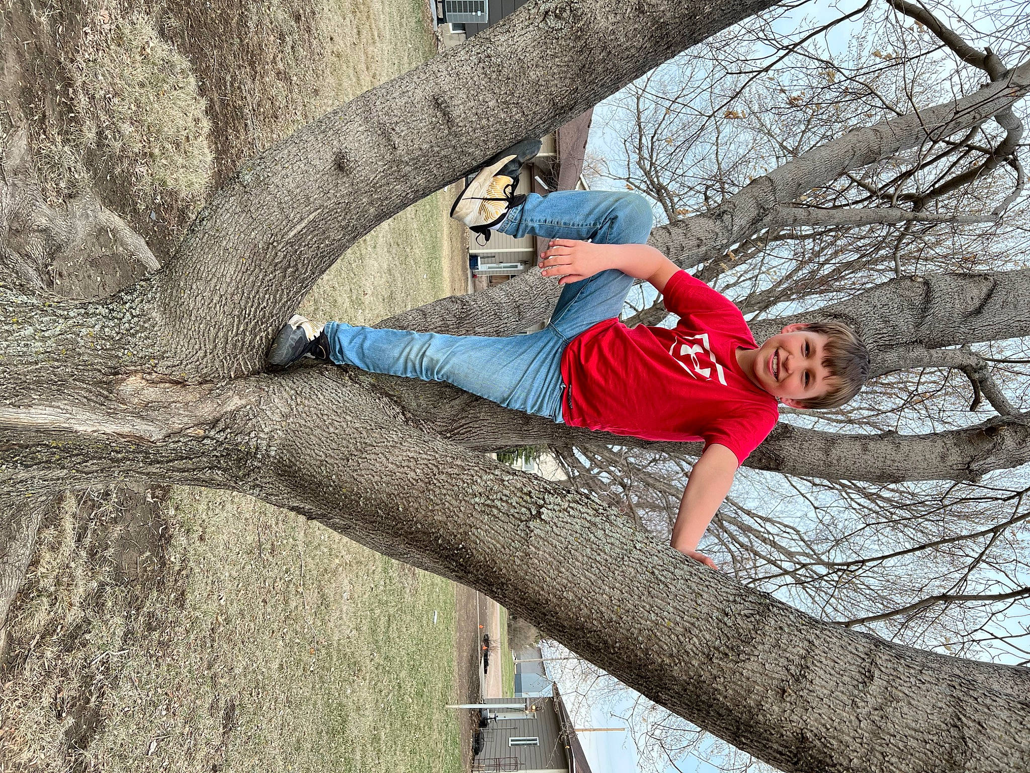 Dayton is registered to the contest to win money with this photo: branch, denim, elbow, happy, hat, human_body, joy, leg, leisure, people_in_nature, person, plant, recreation, sneakers, t_shirt, thigh, tree, trunk, twig, wood