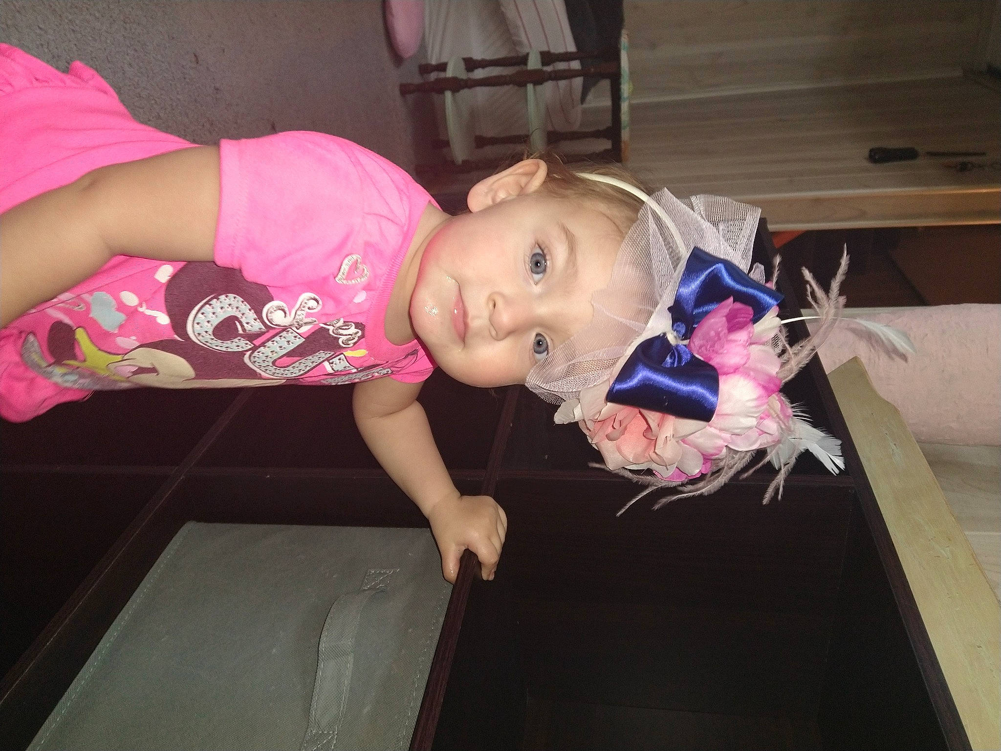 Emma'Lee joined the competition — help win amazing prizes! abdomen, baby, baby_products, baby_toddler_clothing, cheek, child, costume, door, dress, eye, flooring, fun, magenta, party, person, pink, room, sitting, thigh, toddler