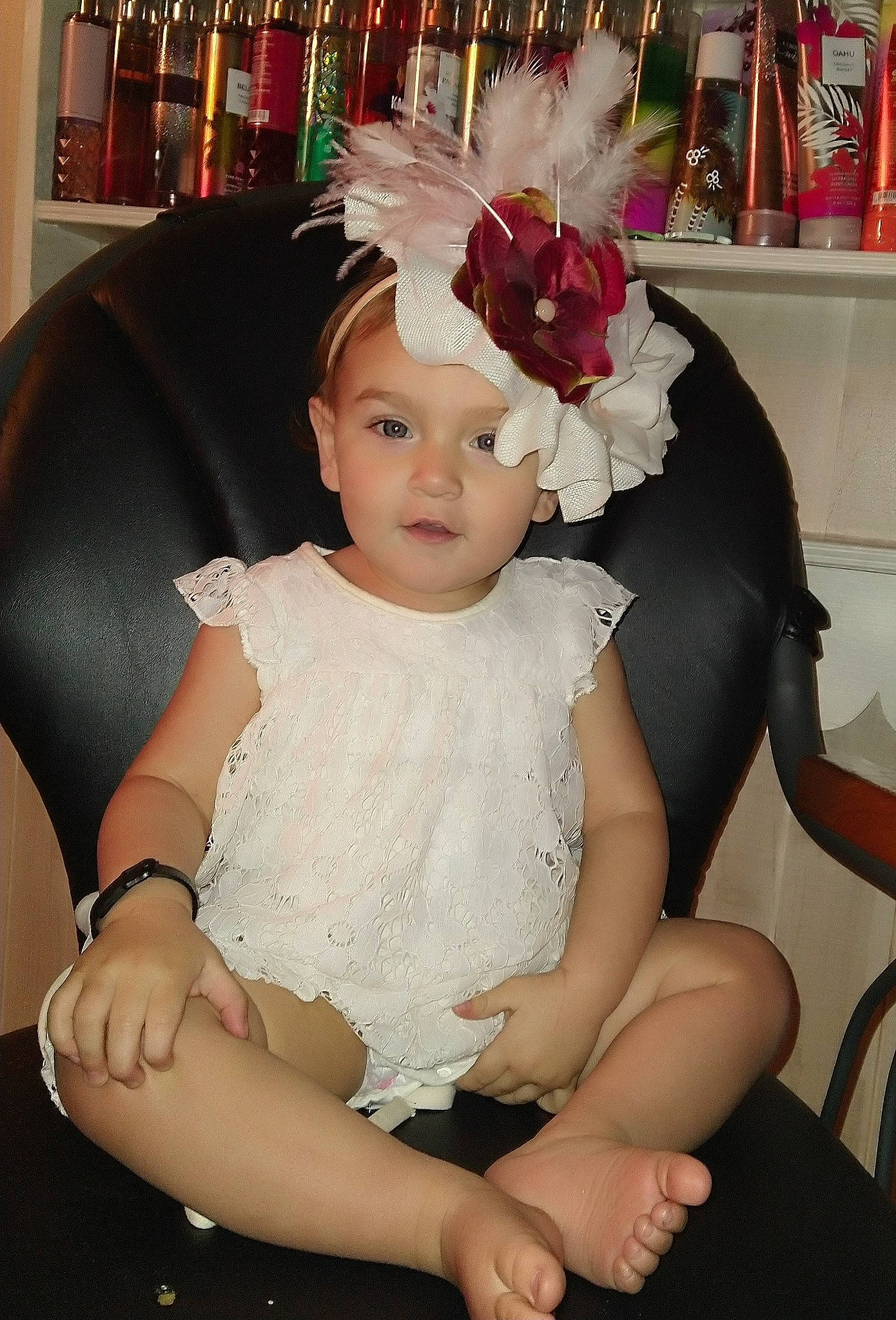 Emma'Lee joined the competition — help win amazing prizes! baby_toddler_clothing, black_hair, bridal_accessory, chair, dress, embellishment, event, eye, eyelash, flash_photography, happy, head, headband, headgear, headpiece, headwear, human_body, iris, jewellery, person