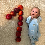 Laurențiu joined the competition — help win amazing prizes! baby, infant, blue_sleeper, nectarines, fruit, number_one, blanket, soft_texture, laying_down, cute, newborn, celebration, fruit_arrangement, pattern, skin, person, young_child, indoors, still_life, sleepwear
