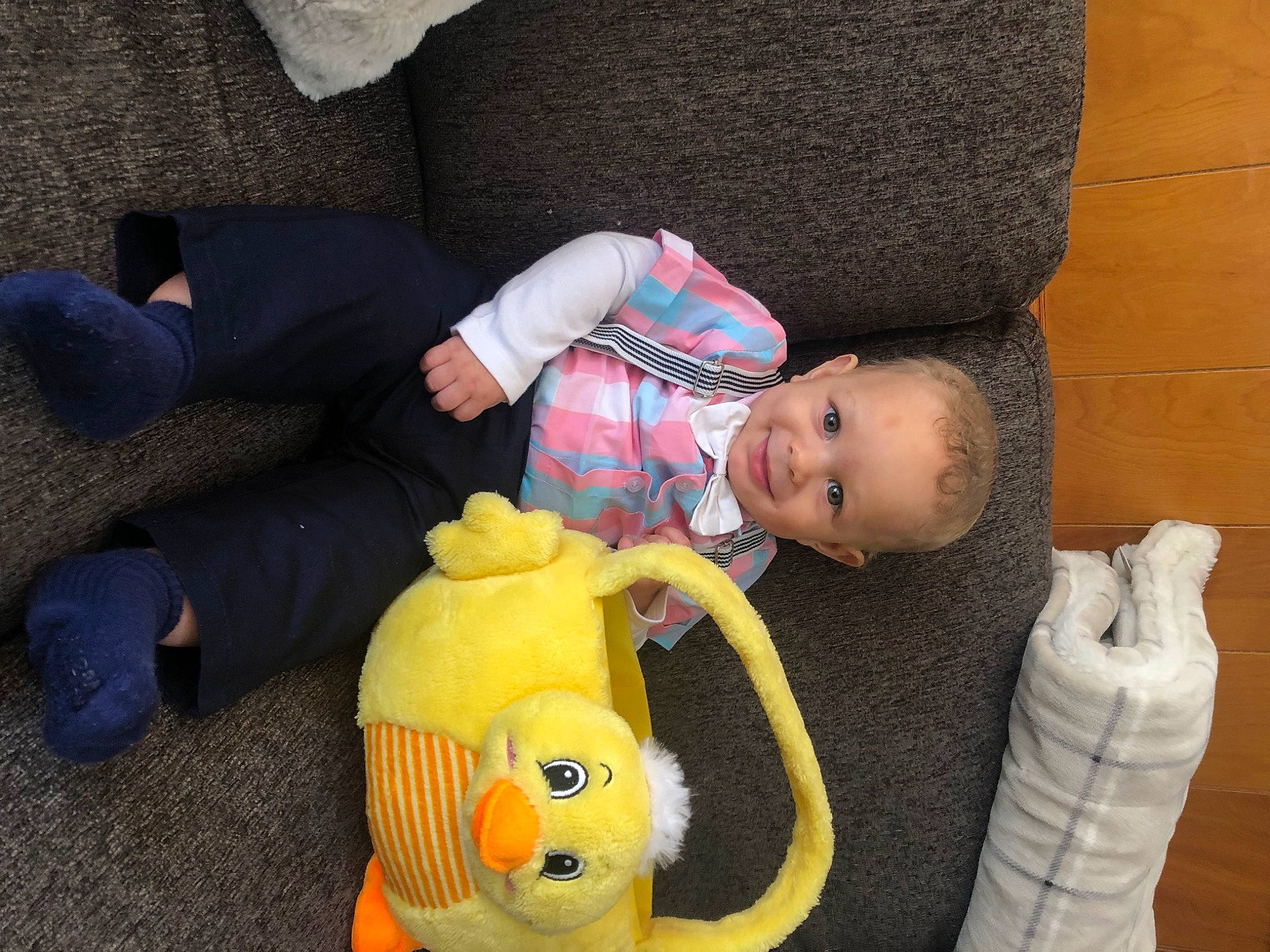 Duquesne joined the competition — help win amazing prizes! baby, baby_products, baby_toddler_clothing, baby_toys, child, comfort, couch, finger, fun, joy, lap, person, plush, room, sitting, smile, stuffed_toy, textile, thumb, toddler