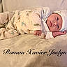 baby, infant, pajamas, hat, blanket, soft_texture, lying_down, cute, face, child, portrait, sleepwear, animal_print, cozy, indoors, newborn, resting, warm, comfortable, name_text