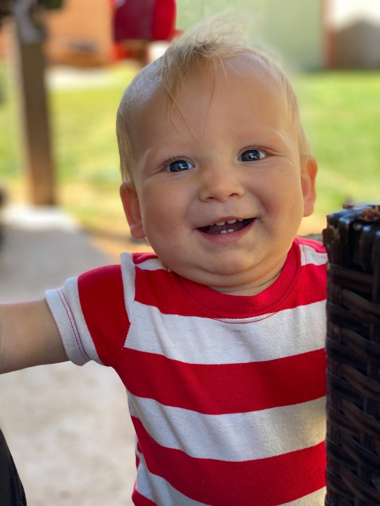 Kayson is registered to the contest to win money with this photo: baby, baby_toddler_clothing, cheek, chin, eye, face, facial_expression, fun, grass, happy, head, human, joy, lip, mammal, nose, person, skin, sleeve, smile