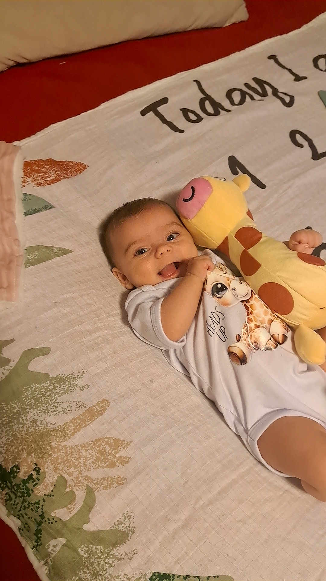 Zahara is registered to the contest to win money with this photo: baby, infant, smiling, plush_toy, giraffe, blanket, lying_down, cute, child, happy, indoors, person, soft_toy, clothing, face, head, hand, toy, comfort, playful