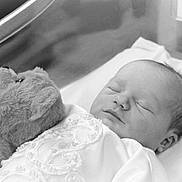 Amara joined the competition — help win amazing prizes! newborn, baby, sleeping_baby, teddy_bear, stuffed_animal, bassinet, hospital, blanket, pillow, lace, swaddle, portrait, black_and_white, infant, closeup, soft_toy, peaceful, newborn_clothes, crib, head