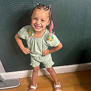 Ember is registered to the contest to win money with this photo: child, clothing, face, female, footwear, girl, hair, happy, hardwood, head, person, photography, portrait, sandal, shoe, shorts, sitting, sleeve, smile, wood
