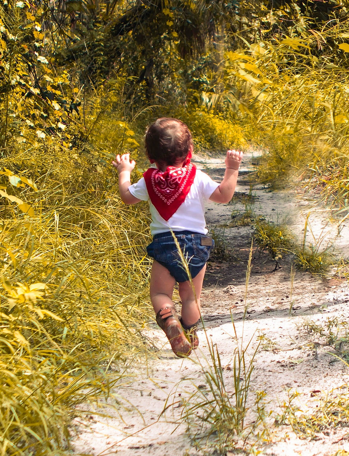 Easton is registered to the contest to win money with this photo: child, forest, fun, grass, happy, human_leg, landscape, leisure, people_in_nature, person, plant, recreation, running, shorts, soil, stream, t_shirt, thigh, toddler, trail