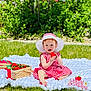 baby, clothing, dress, face, fun, grass, hat, head, lawn, leisureactivities, nature, outdoors, person, photography, picnic, plant, portrait, pottedplant, sitting, summer