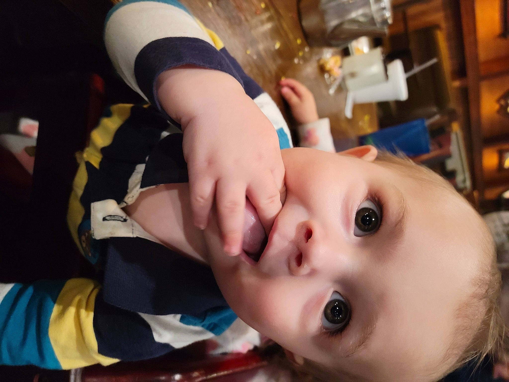 Grayson is registered to the contest to win money with this photo: baby, baby_toddler_clothing, cheek, child, chin, ear, eyebrow, eyelash, fun, gesture, happy, iris, lip, mouth, nail, neck, nose, person, skin, thumb