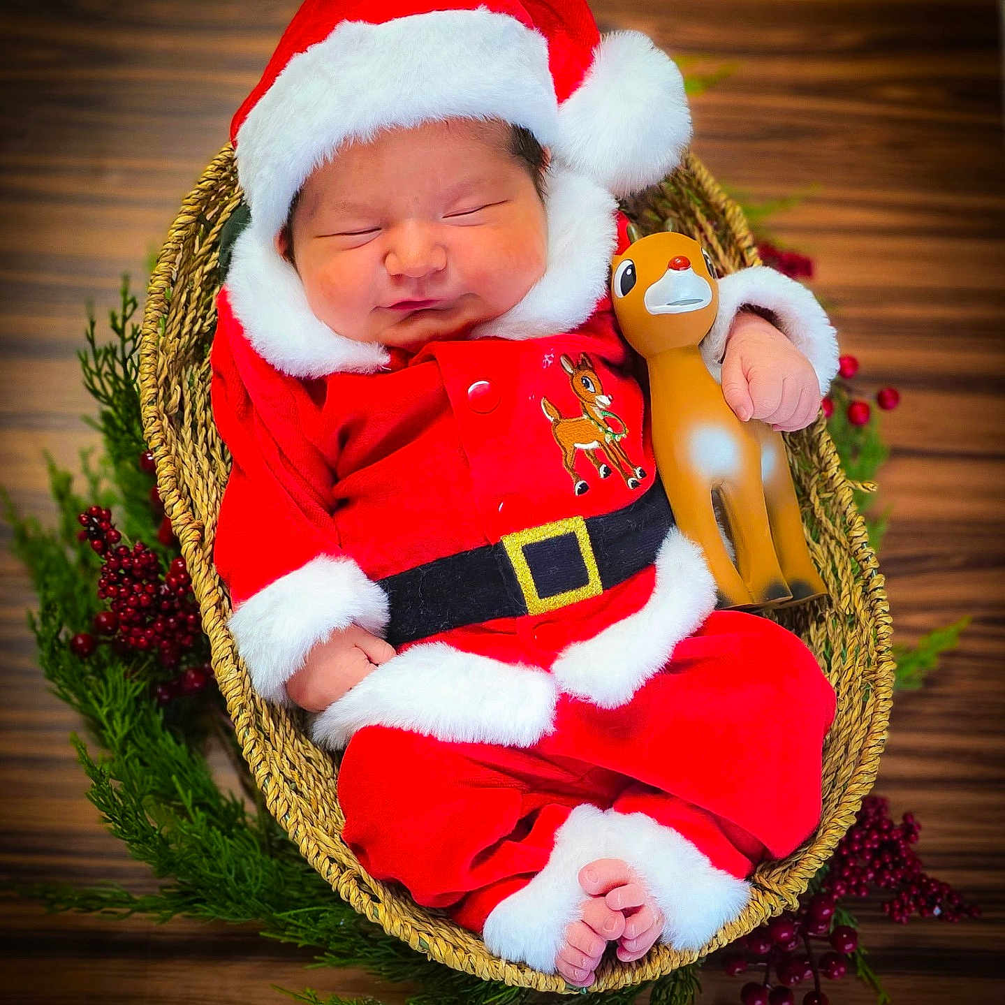 Micah is registered to the contest to win money with this photo: baby, basket, berries, christmas, cozy, cute, festive, greenery, hands, hat, holiday, infant, newborn, portrait, red_clothing, reindeer_toy, santa_claus_costume, sleeping, toy, wooden_floor