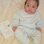 Sehyan participe au concours pour gagner de l'argent avec cette photo : baby, infant, milestone_card, gray_clothing, curly_hair, soft_blanket, socks, portrait, cute, child, indoors, sitting, milestone, celebration, skin, face, hand, cozy, young_child, resting