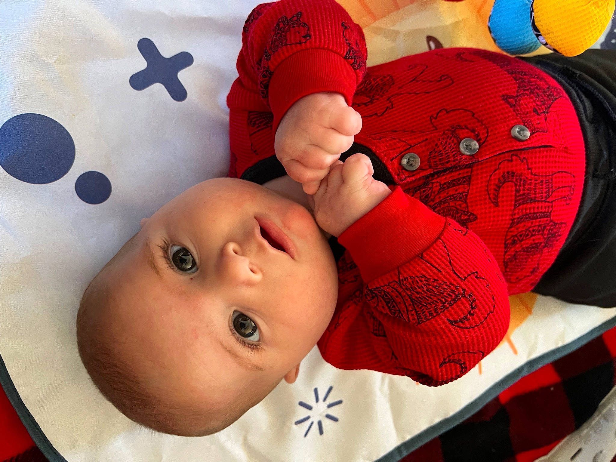 Bentley joined the competition — help win amazing prizes! baby, baby_products, baby_safety, baby_sleeping, baby_toddler_clothing, carmine, cheek, child, comfort, happy, linens, nose, pattern, person, product, red, room, skin, textile, toddler