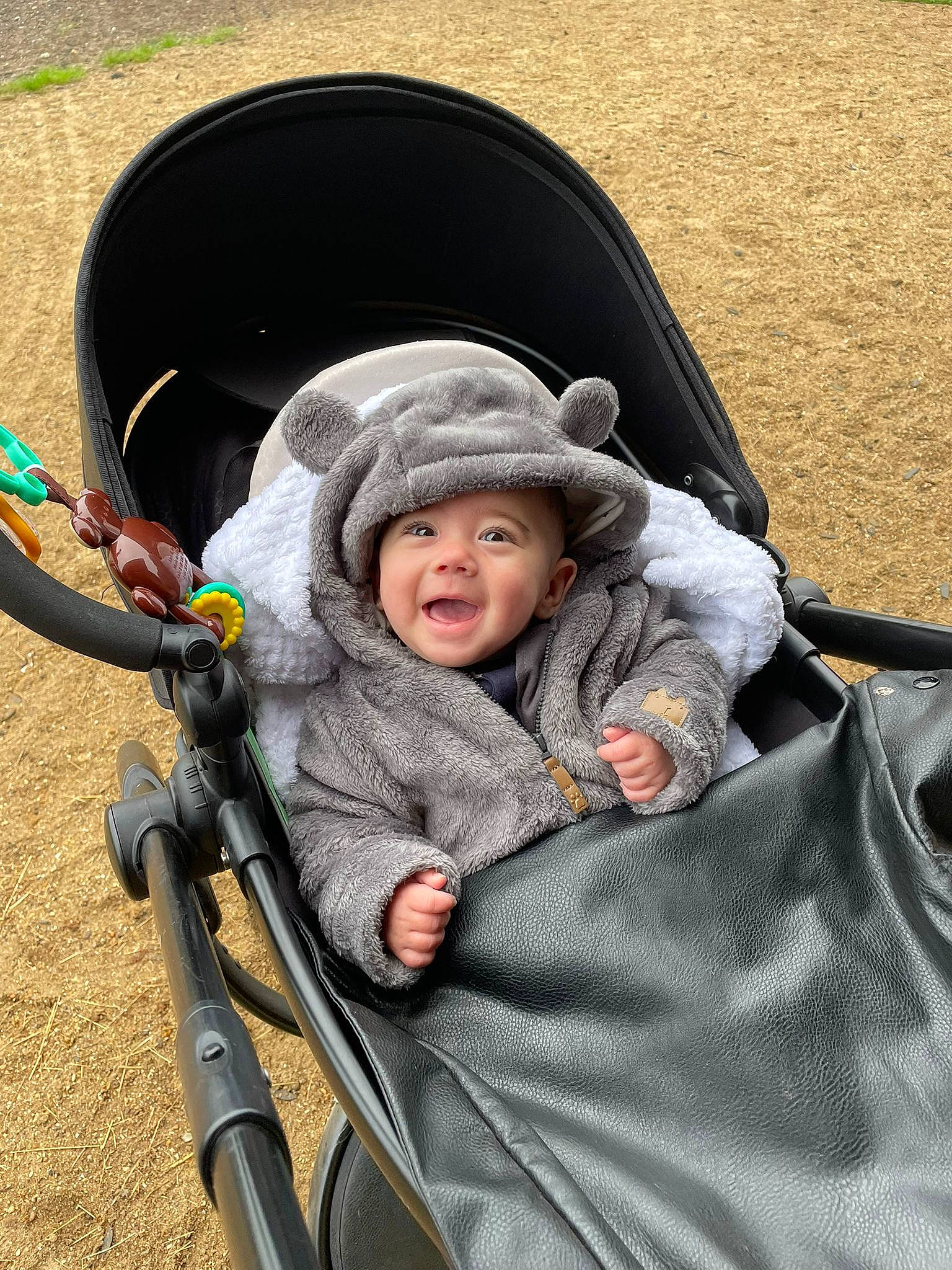 Louie is registered to the contest to win money with this photo: auto_part, baby, baby_carriage, baby_products, baby_safety, baby_toddler_clothing, child, comfort, fun, grass, happy, hat, headwear, leisure, people_in_nature, person, play, product, recreation, sitting