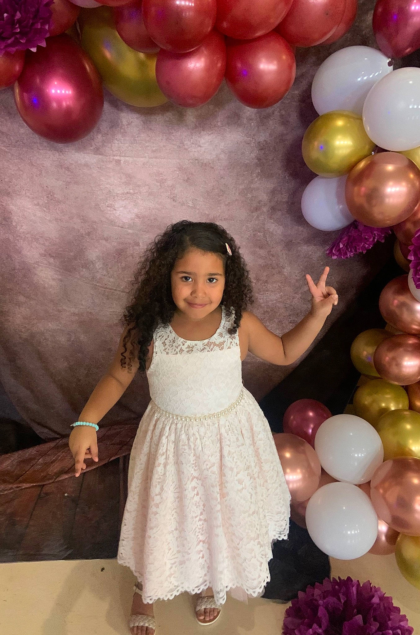 Aubrionna joined the competition — help win amazing prizes! balloon, beauty, child, dress, facial_expression, fashion, fun, happy, joy, magenta, one_piece_garment, organ, party_supply, people, person, photograph, pink, purple, smile, standing