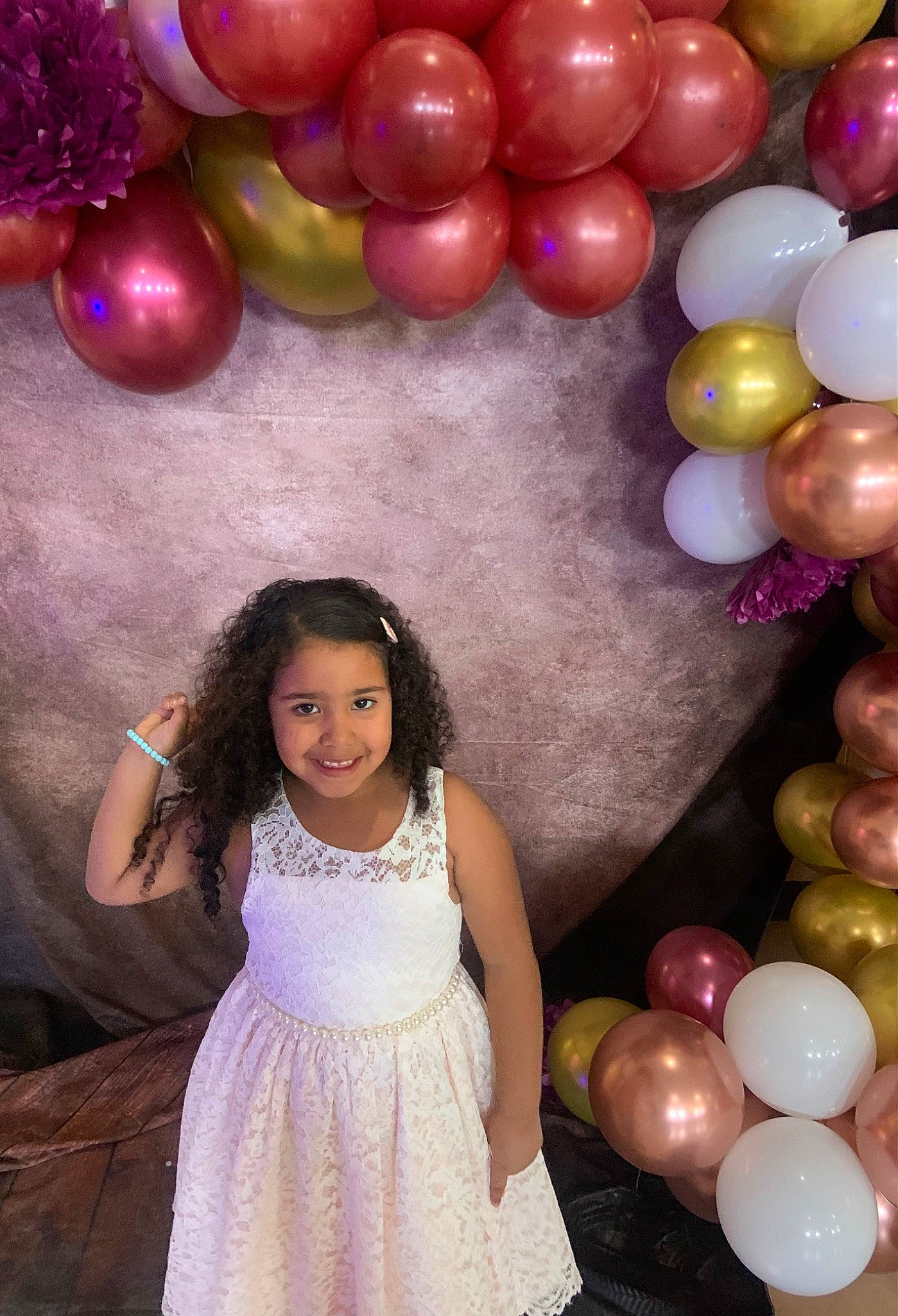 Aubrionna joined the competition — help win amazing prizes! balloon, child, clothing, dress, facial_expression, flash_photography, fun, hair, happy, joy, magenta, organ, party_supply, people, person, photograph, pink, purple, smile, toy