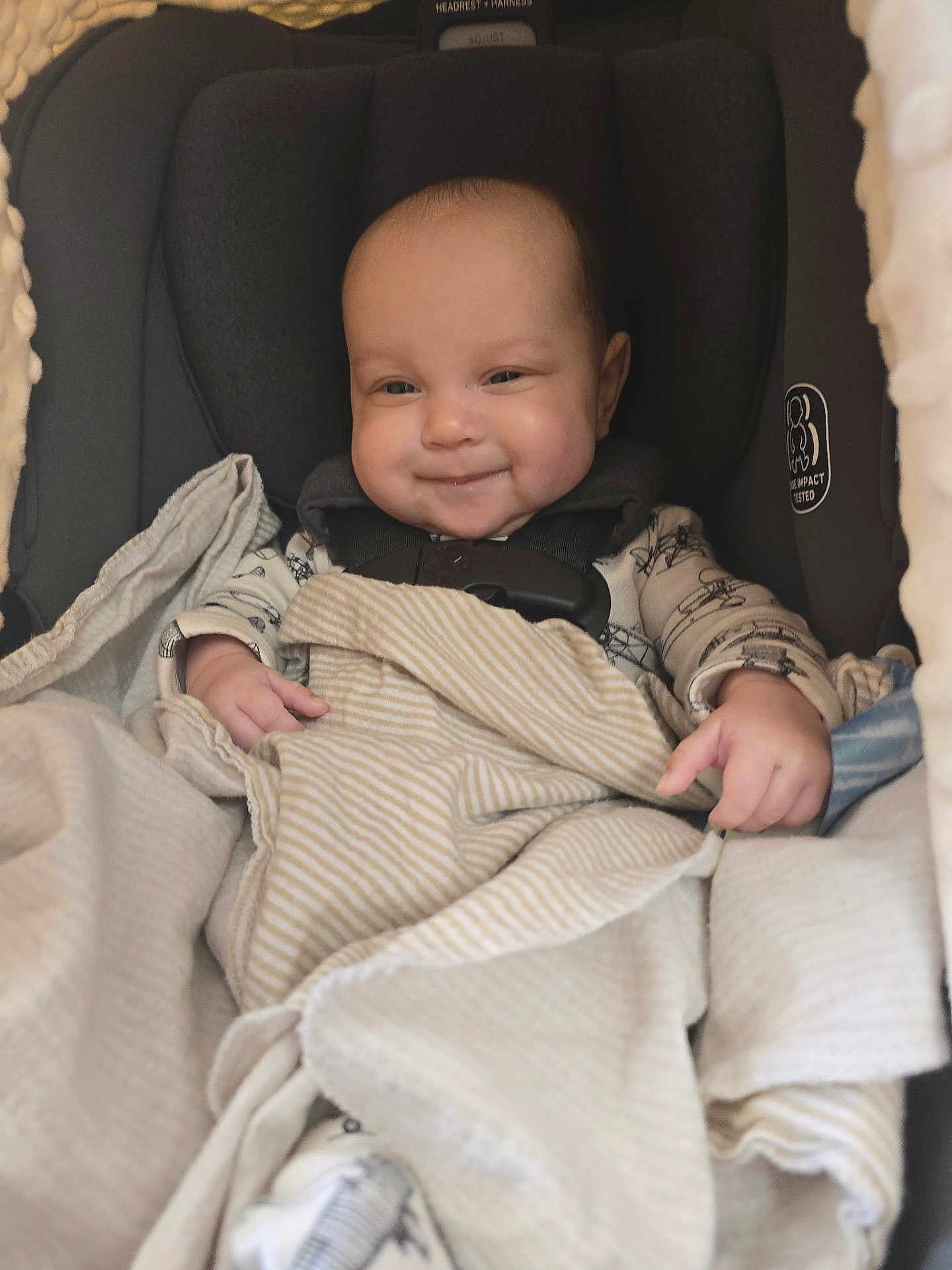 Aveyin is registered to the contest to win money with this photo: baby, infant, smile, car_seat, blanket, harness, buckle, pajamas, cheeks, hands, portrait, headrest, fabric, cozy, cute, seat, safety_label, indoor, soft_lighting, human