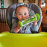 Myles is registered to the contest to win money with this photo: baby, child, curious, dining_room, gray_clothing, green_toy, hands, harness, high_chair, home, indoors, infant, kitchen, painting, portrait, sitting, smiling, toy, wide_eyes, wooden_furniture