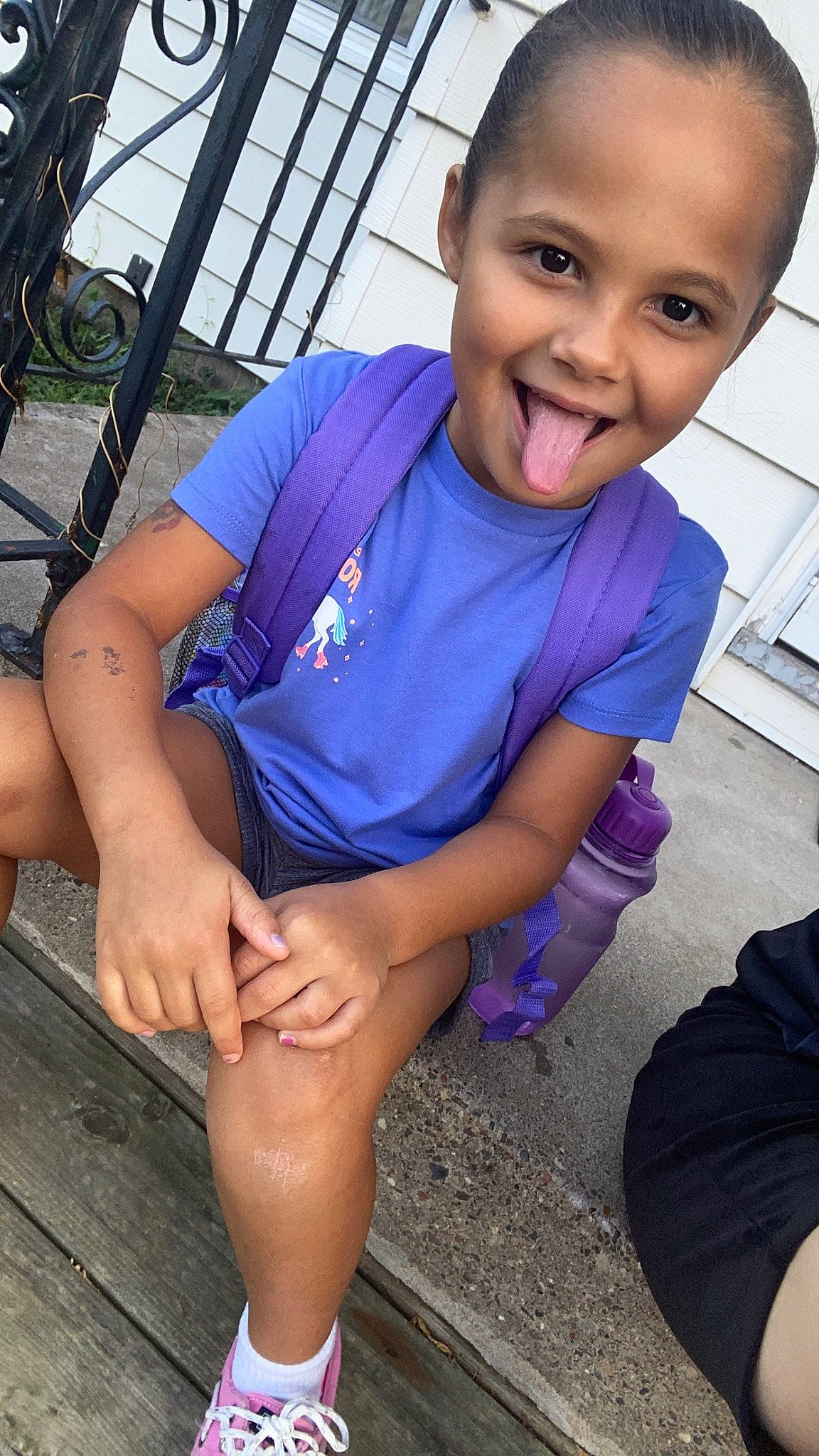 Harper joined the competition — help win amazing prizes! black, cool, electric_blue, facial_expression, hairstyle, happy, human, joint, joy, knee, lap, leg, leisure, muscle, organ, person, purple, skin, sleeve, smile