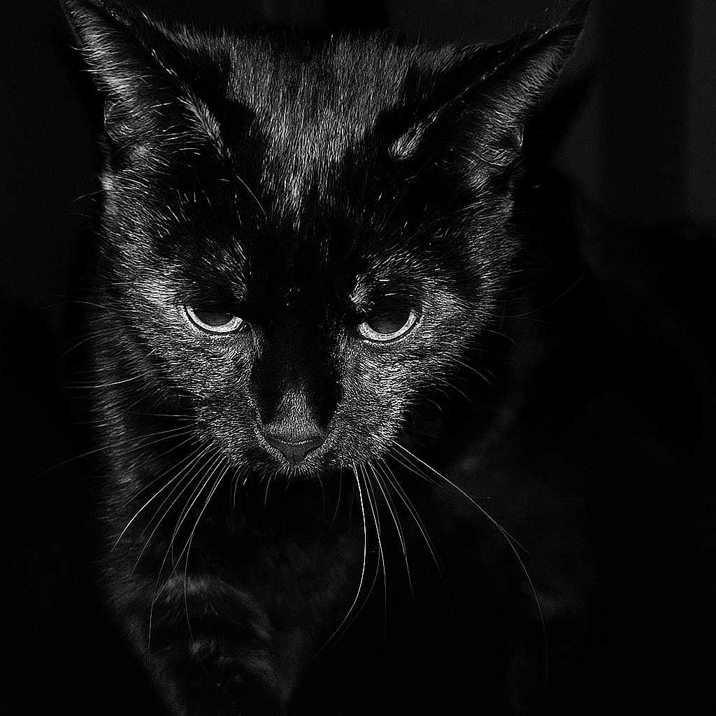 Cookie a rejoint le concours — aidez-le/la à gagner de superbes lots ! alone, animal, animal_portrait, black_cat, black_fur, cat, close_up, dark_background, eyes, feline, fur, indoor, intense, mysterious, night, pet, portrait, shadow, whiskers, whiskers_visible