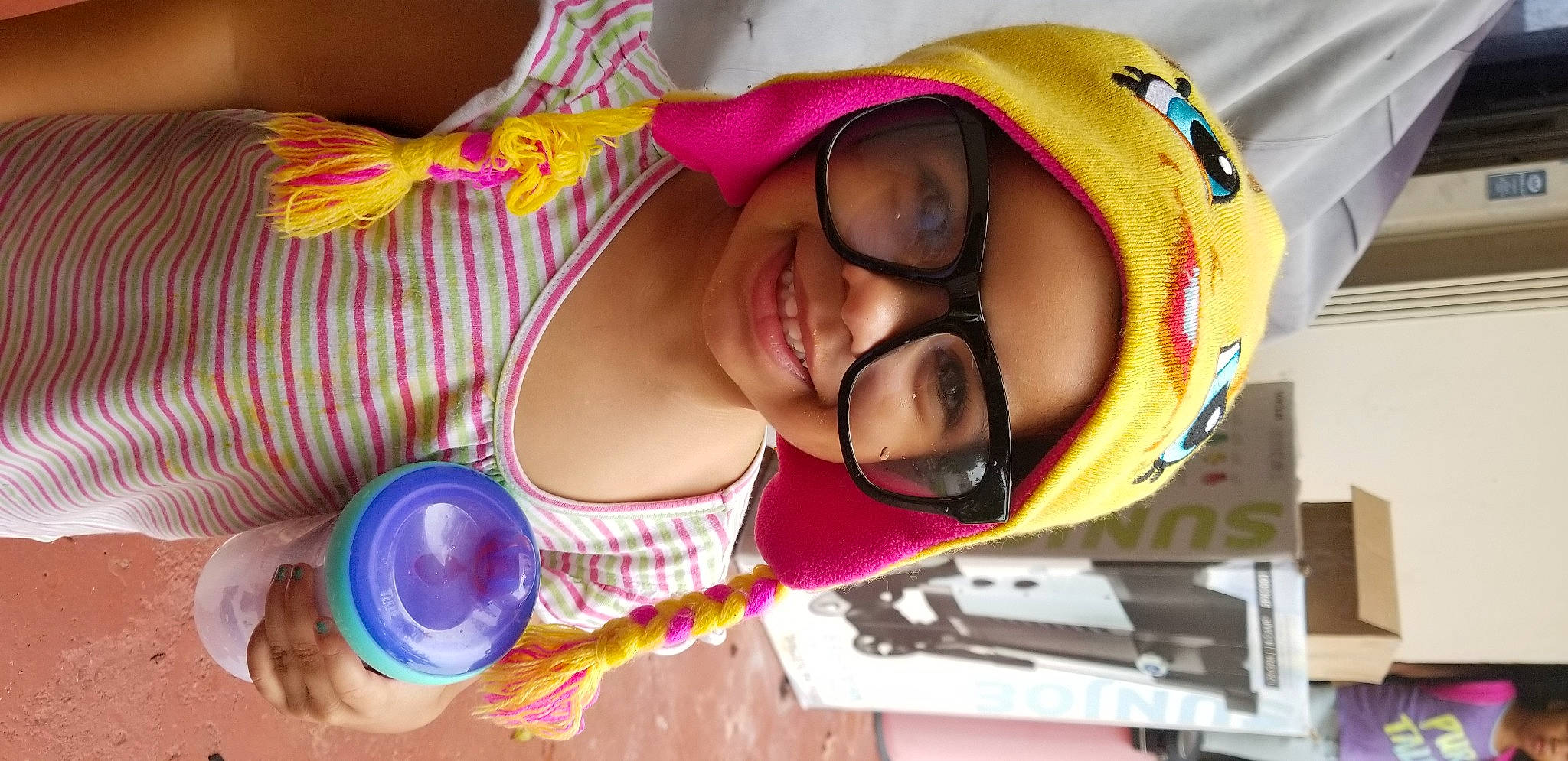 Brielle joined the competition — help win amazing prizes! child, cool, ear, eyewear, fashion_accessory, fun, glasses, happy, headgear, headwear, joy, leisure, magenta, mouth, nose, people, person, personal_protective_equipment, pink, purple