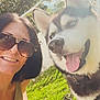 woman, dog, siberian_husky, smiling, sunglasses, outdoor, grass, sunlight, pet, happy, tongue_out, leash, nature, summer, portrait, face, canine, daylight, trees, fun